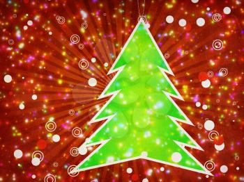 Illustration of green Christmas tree applique on red background with sparks.