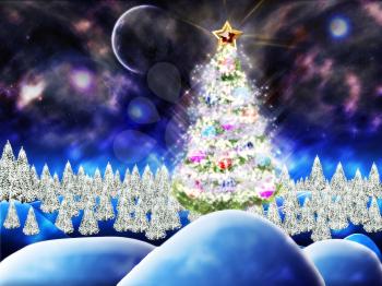 Christmas tree with decoration and snow background
