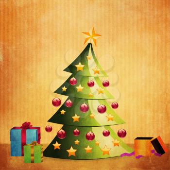 Illustration of grunge green Christmas tree with gift boxes background.