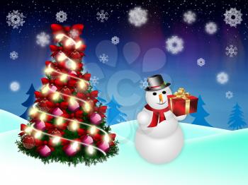 Illustration of winter background with cute snowman and Christmas tree.