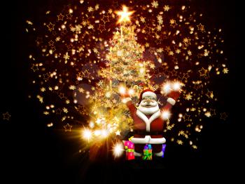Illustration of Santa Claus congratulate against magic christmas tree.