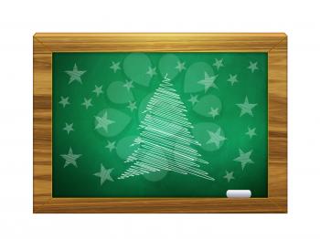 Illustration of Christmas tree and stars on green chalkboard.