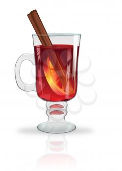 Decorative glass of hot mulled wine with orange slice and cinnamon stick.