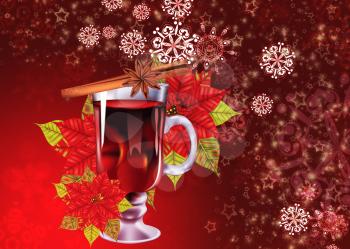 Decorative background with glass of hot mulled wine with orange slice, cinnamon stick and poinsettia design.