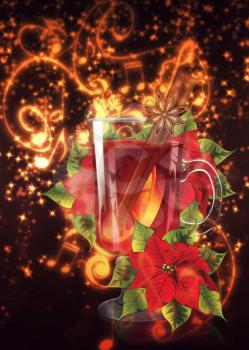 Decorative background with glass of hot mulled wine with orange slice, cinnamon stick and poinsettia design.