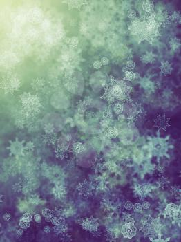 Winter illustration with decorative snowflakes on blue background.