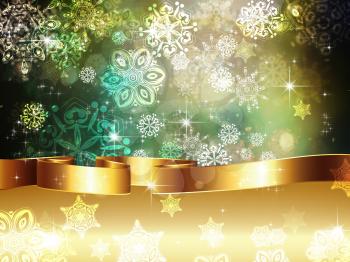 Winter illustration with decorative snowflakes on green background.