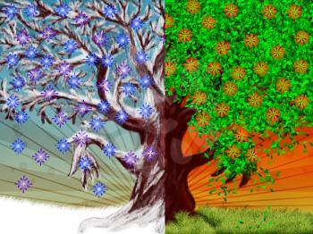 Abstract digital illustration of big tree, winter and summer seasons.
