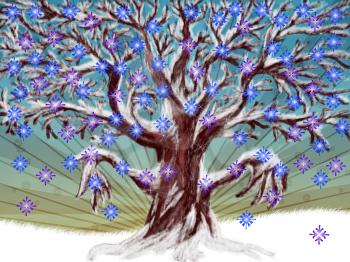 Illustration of season tree with colorful snowflakes background.