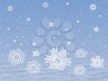 Illustration of abstract blue snow texture with snowflakes background.