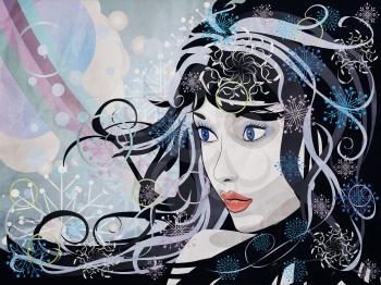 Illustration of abstract grunge portrait of winter girl background.