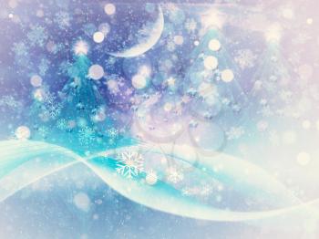 Colorful abstract winter night background with falling snow.