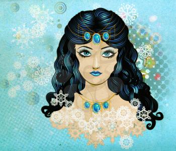 Illustration of a girl with blue hair on snowflakes background.