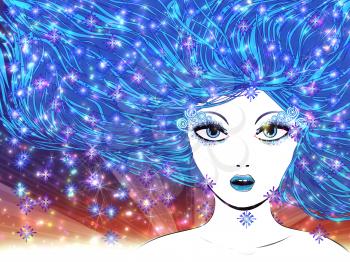 Illustration of abstract winter girl with blue hair and colorful snowflakes.