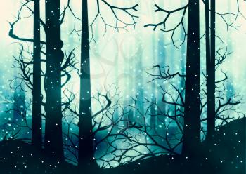Winter foggy forest at night with trees silhouettes illustration.