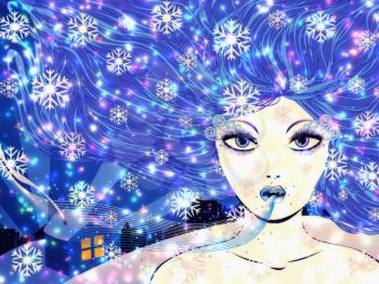 Illustration of abstract fantasy winter girl with blue hair and snowflakes.