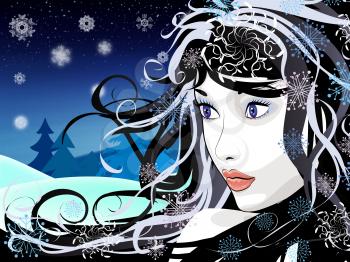 Abstract illustration of colorful background with winter girl.