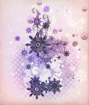 Illustration of a winter girl with snowflakes on colorful background.