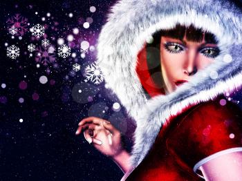 Girl in winter red outfit with fur on abstract background with snowflakes.