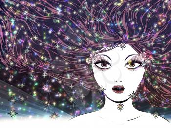 Illustration of abstract night portrait of winter girl with colorful snowflakes
