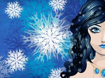 Illustration of abstract winter girl on snowflake texture background.