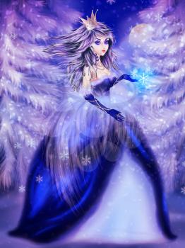 Portrait of winter princess in blue dress over snowy forest background.