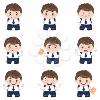 Cute cartoon school boy in different poses and expressions.