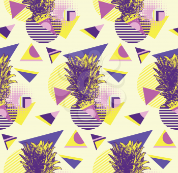 Grunge illustration of pineapple with colorful geometric elements, retro style design.