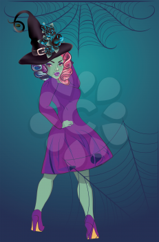 Fantasy witch woman in vintage purple dress and hat.