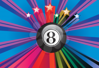 Black eight billiard ball on colorful background with rays.