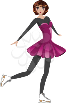 Female figure skater with big eyes in pink dress on white background.