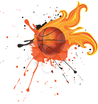 Grunge background with basketball ball with flame and spatters.
