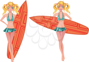Surfer girl with her board illustration on white background.