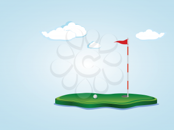 Stylized golf yard illustration, ball, flagstick and hole based on a little piece of ground.