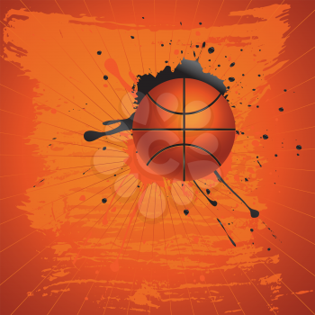 Grunge orange background with basketball ball and paint splatters.
