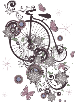 Vintage big wheel bicycle with decorative floral ornament and butterflies.