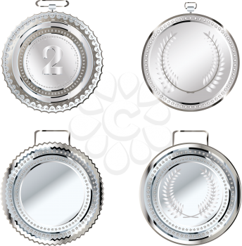 Set of round decorative silver medals on white background.