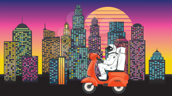 Cartoon astronaut riding scooter in the city design.
