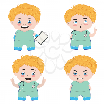 Cartoon professional male medical staff in scrubs with equipment.