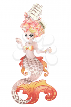 Fantasy mermaid with rococo hairstyle and seashells design.