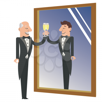 Cartoon old man clink glass of champagne into the mirror and sees herself as young in reflection.