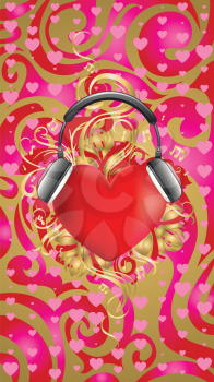 Bright red heart with big headphones design.