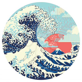 Illustration of stormy ocean with big waves, modern retro art design.