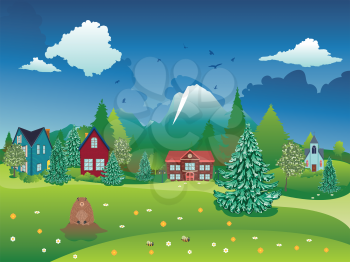 Rural spring landscape with houses, mountain and cute groundhog illustration.