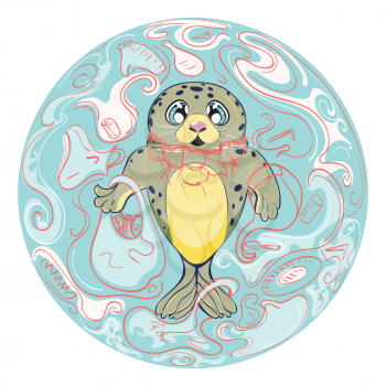 Cartoon kawaii seal with net around its neck surrounded by plastic waste, ocean pollution themed design.