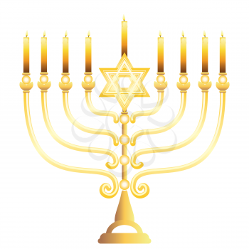 Jewish golden menorah with candles for Hanukkah, Jewish festival of lights decoration symbol.