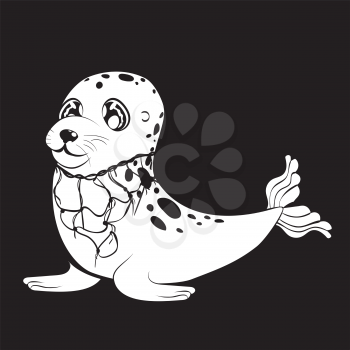 Cartoon kawaii seal with big eyes and net around its neck, ocean pollution themed design.