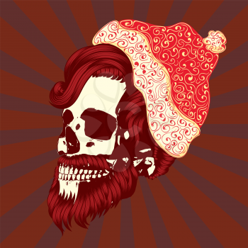 Christmas skull with modern hairstyle and beard wears santa cap illustration.