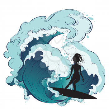 Big rushing sea waves and girl surfer illustration.