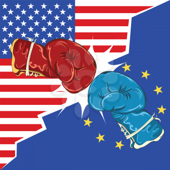 Retro boxing gloves red and blue, USA and Europe trade war concept.